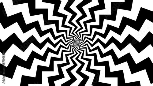 4k seamless looping spiral black and white zig zag pattern, vertical background with optical illusion effect background set. Black and white striped pattern. Circular geometric tunnel