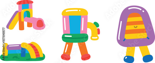 Colorful cartoon playground illustrations with slides, tunnels, and playsets for kids, outdoor fun, children's activity, and playful design vector art

. flat vector illustration