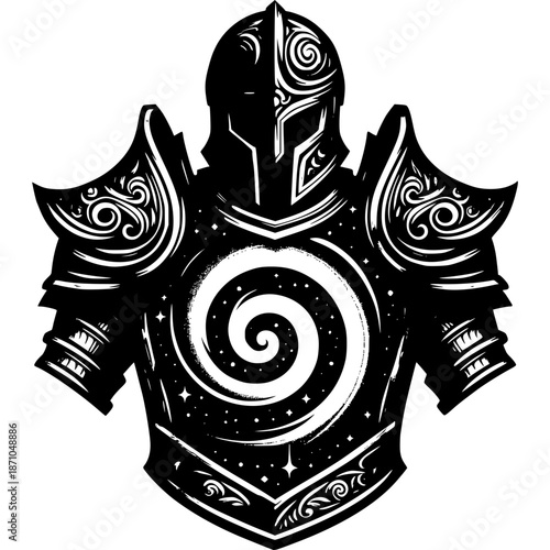 Ancient Armor in Silhouette: A meticulously detailed illustration of a knight's armor, evoking a sense of history, mystery, and the strength of a bygone era.