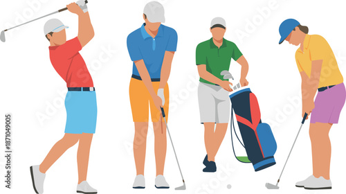 Group of diverse golfers practicing golf swings and putting with golf bag on sunny outdoor course for sport and recreation flat vector illustration