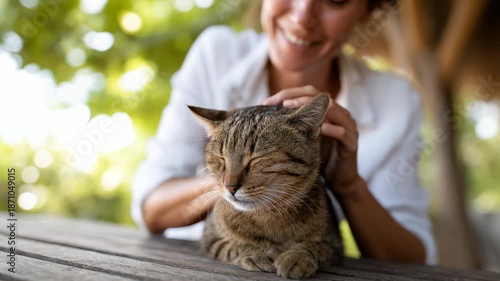 Adorable tabby cat sitting on a wooden table outdoors, purring with its eyes closed while a happy woman gently strokes its head in a serene garden setting, enjoying a moment of connection