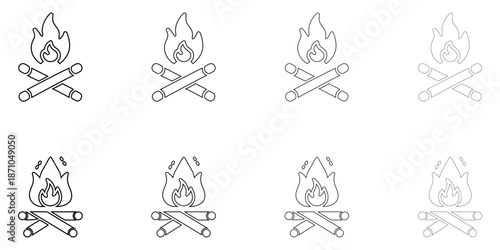 camp fire vector line icon set, flames with fireplace symbol, camping fire vector outline icon