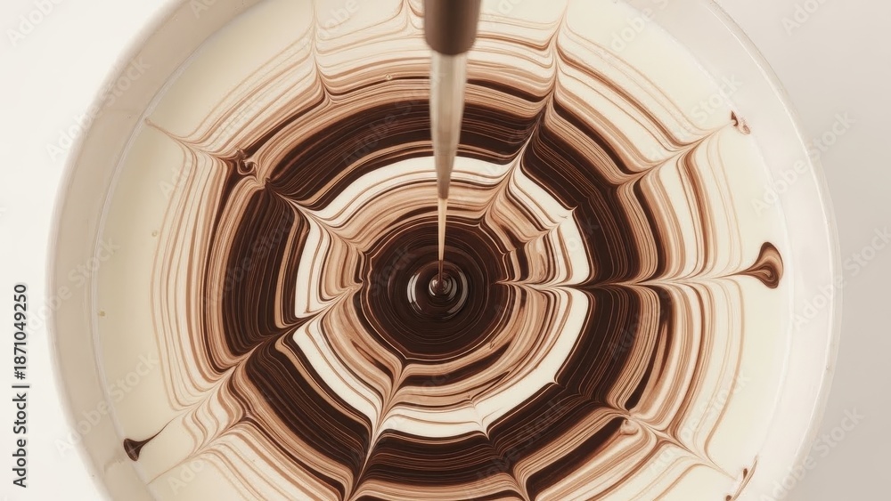 Obraz premium Stunning geometric starburst pattern made from dark chocolate sauce in bowl of white dairy cream