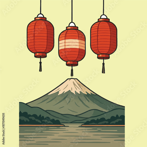 Print  Japanese Lanterns Over Scenic Mountain Landscape, Traditional Cultural Vector Illustration