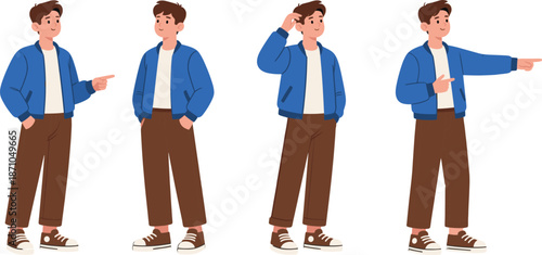 Young man casual outfit standing multiple poses vector illustration isolated on white background for business and presentation designs"