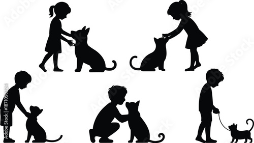 Playful Silhouettes: Children Interacting with Cats and Dogs in Black and White Art flat vector illustration