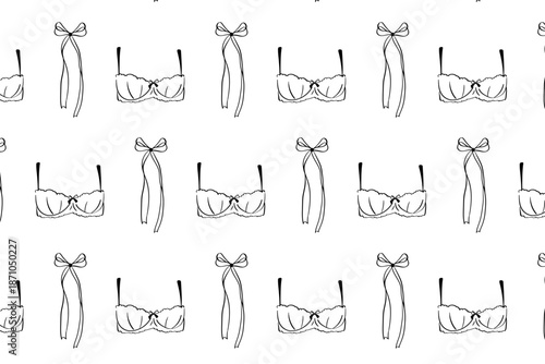 Feminine lingerie doodle pattern with bows. Hand drawn romantic background for Valentine’s Day packaging, wedding gifts and fashion projects