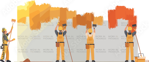 "Team of construction workers painting wall with rollers in bright yellow orange shades progress teamwork concept illustration"

flat vector illustration