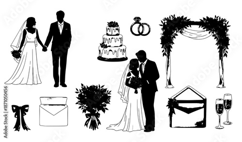 Elegant watercolor wedding elements vector set with bride and groom