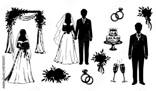 Romantic watercolor wedding clipart vector collection isolated on white