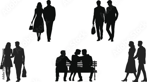 Silhouette of couples and friends walking, sitting, holding hands, bonding, spending time together on white background vector illustration

    flat vector illustration