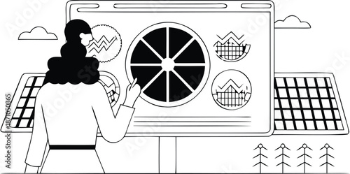 Businesswoman analyzing data on large computer screen with charts and graphs in black and white line art style