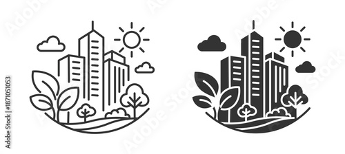 Green city related icons set. Including eco buildings, trees, sustainability, transport, energy, recycling, and nature.vector illustration . 