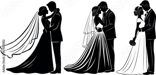 Romantic Couple Embracing in Silhouette against a White Background