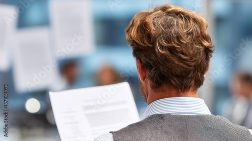 Business Professional Reviewing Printed Contract in Modern Office Environment