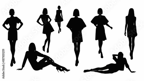 Collection of diverse female fashion model silhouettes in various poses.