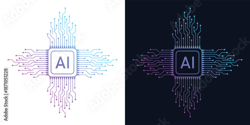 Artificial Intelligence AI Microchip with Neural Circuit Design. Vector Illustration of an AI Processor with Neural Circuitry Representing Machine Learning, Deep Learning and Intelligent Systems
