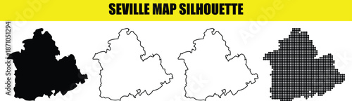 Seville map silhouette set of four different styles including solid white outline and dotted design