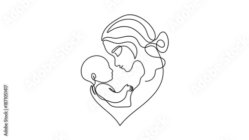 Continuous line art of mother embracing newborn baby