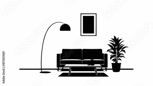 Modern living room interior with sofa and floor lamp.