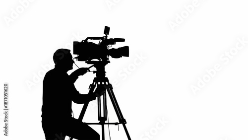 Silhouette of a videographer operating a professional camera on a tripod.