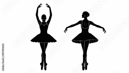 Two ballet dancers in silhouette performing graceful poses.