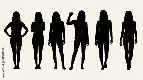 Silhouettes of five women standing in a row with one waving.