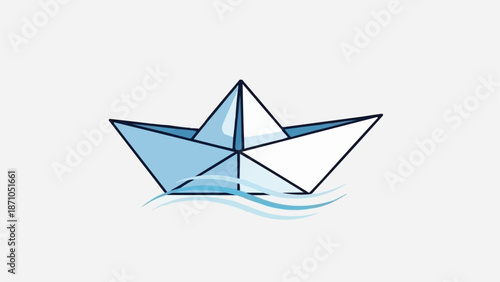 Origami paper boat floating on gentle blue waves.