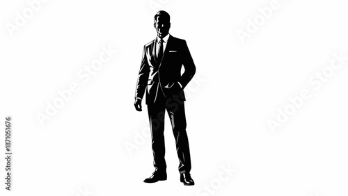 Silhouette of a confident businessman in a suit standing with hands in pockets.