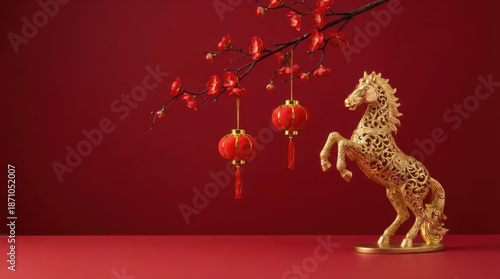 Elegant Golden Horse Statue and Red Lantern for Chinese New Year Decoration