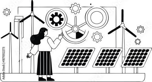 A woman interacts with a large gear in front of solar panels and wind turbines for renewable energy solutions