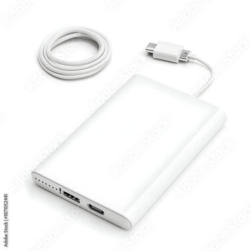 Wallpaper Mural Sleek White Power Bank and Coiled USB-C Cable on Bright Background, Essential Portable Charging. Torontodigital.ca