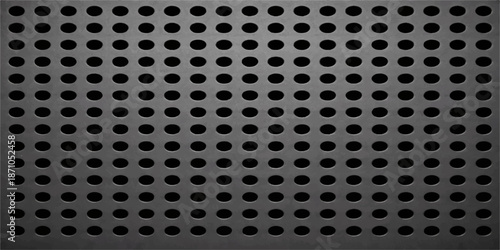 Seamless industrial background featuring a dark metallic grid pattern with perforated steel holes and a gray mesh texture for a chrome vector design