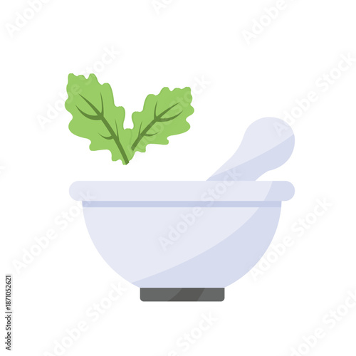 White Ceramic Mortar and Pestle with Green Herbal Leaves Illustration for Natural Medicine Pharmacy and Organic Wellness Concept Isolated on White
