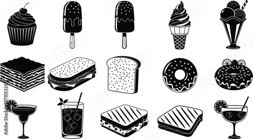 Cupcake, popsicle, ice cream, cake, sandwich, donut, cocktail, beverage, panini, dessert, snack, food, drink, sweet, treat, refreshment, cafe, menu, doodle, icon