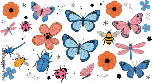 Colorful butterflies and insects vector set with flowers, bees and ladybugs in hand drawn flat cartoon illustration style isolated on white background