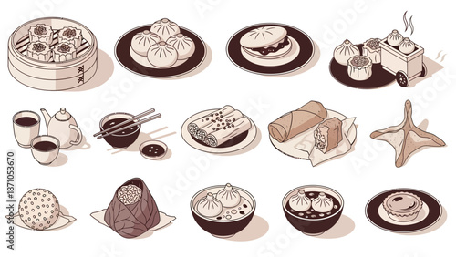 Traditional Asian Dim Sum Illustration in Vintage Sepia Style
