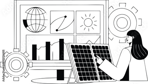Woman analyzing solar panel efficiency with graphs and charts on screen renewable energy concept
