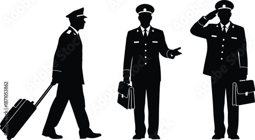 Airline pilot icon set, uniform silhouettes, suitcase, briefcase, salute gesture, travel routine, black vector graphics, aviation theme