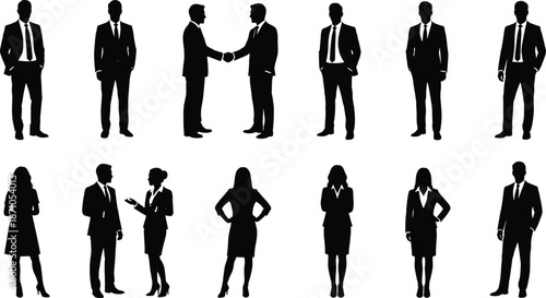 Business attire icon set, professional silhouettes, handshake, confident posture, gender diversity, black vector graphics, corporate interaction theme