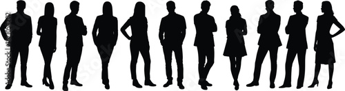 Business team icon set, professional silhouettes, corporate posture, group stance, black vector graphics, human resources theme