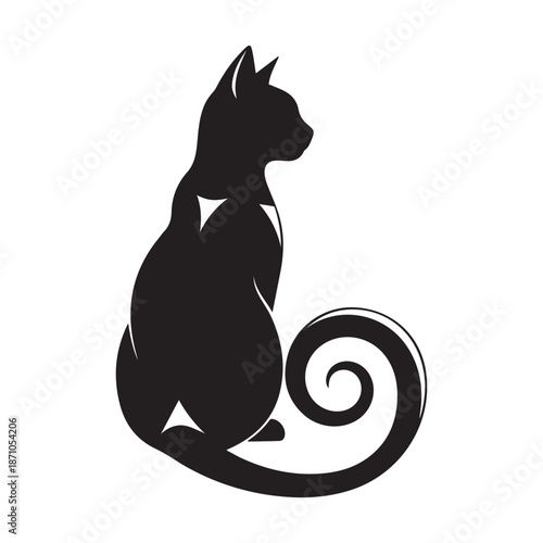 Elegant black cat silhouette with curled tail illustration.