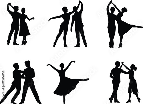 Dance couple icon set, silhouette pairs, ballroom poses, expressive movement, black vector graphics, celebration theme, artistic gesture