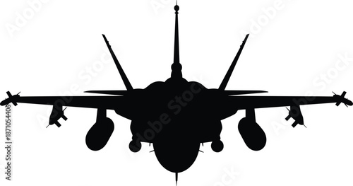 Fighter jet icon, front silhouette, twin-tail aircraft, tactical aviation, military plane, black vector graphics, aerospace theme