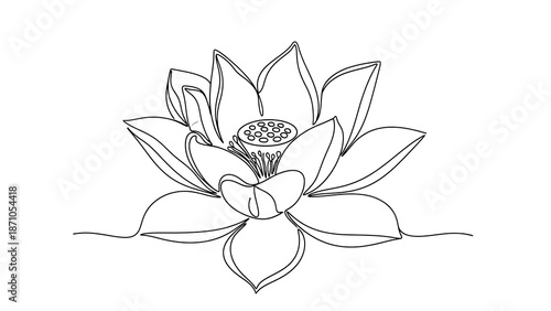 A black and white line drawing of a lotus flower