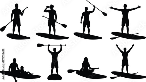 Paddleboarding icon set, SUP silhouettes, water sport poses, recreational gestures, black vector graphics, outdoor activity theme