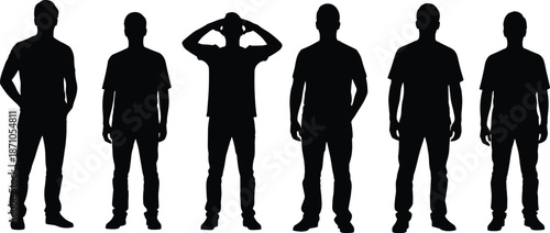 Standing pose icon set, human silhouettes, casual stances, gesture variations, posture study, black vector graphics, body language theme
