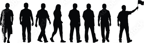 Standing pose icon set, walking silhouettes, flag bearer, human posture variations, black vector graphics, symbolic gesture theme