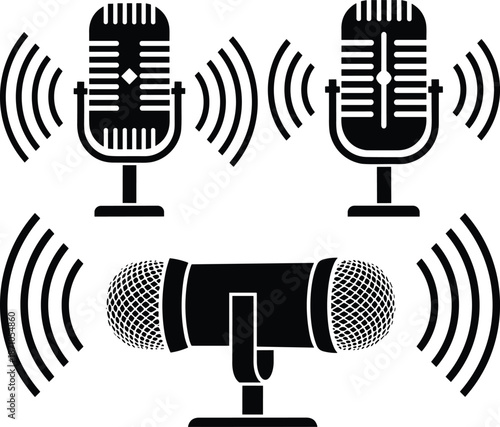 Microphone audio broadcast icon set, black and white studio mic symbols with sound waves, podcast, radio, and recording technology design elements