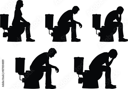 Toilet pose icon set, seated silhouettes, contemplative gestures, emotional postures, solitude theme, black vector graphics, humorous concept